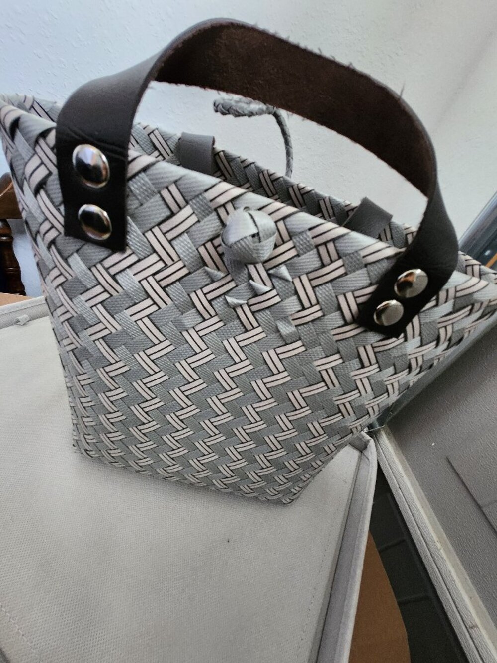 Handwoven Bali Woven Tote | Gray & White Market Bag | Beach Vacation Purse